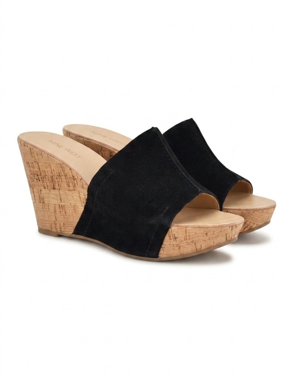 Nine West Black Suede Slide Mules with Wood-Look Platform
